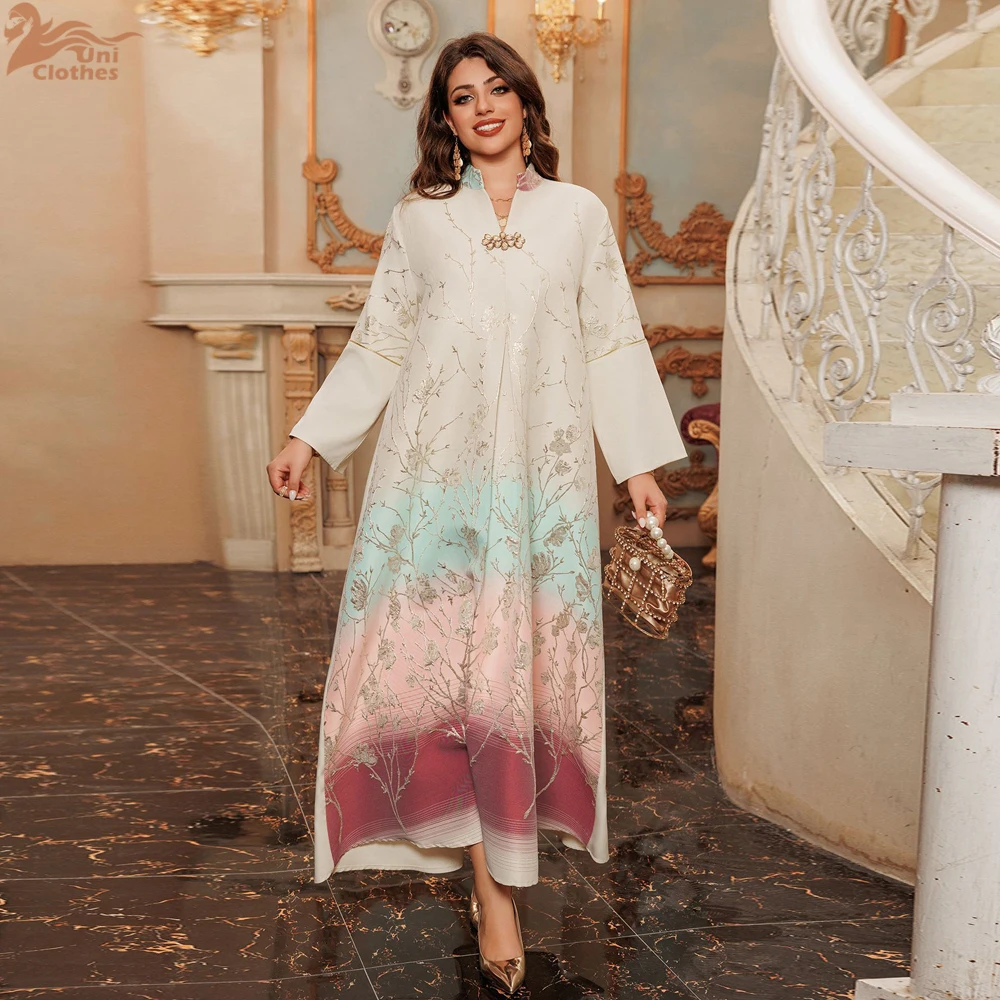 Uni Dubai Fashion Elegant Long Dresses Jalabiya Jacquard Gradient Color Homewear Moroccan Saudi Kaftan African Abayas 2024