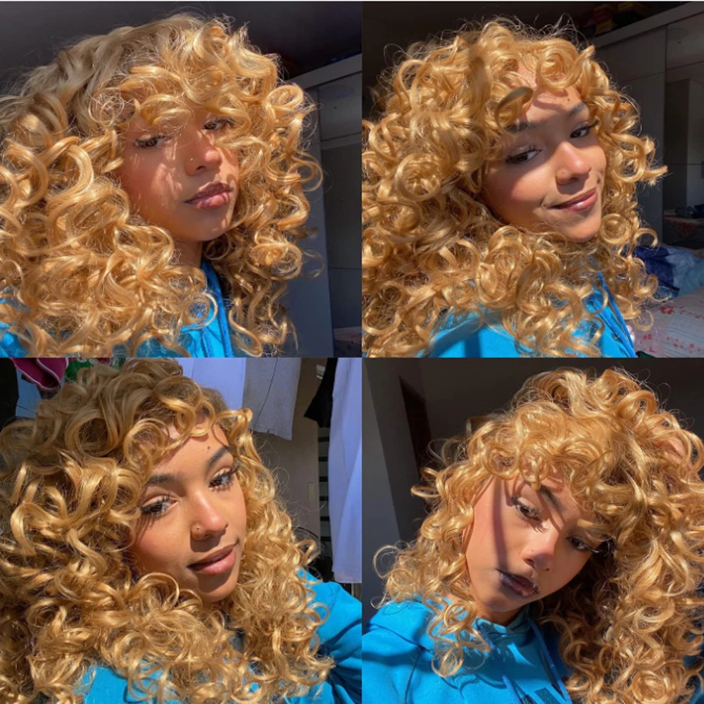 

Афро-кудрявый парик с челкой из синтетического волокна, машинное производство, бесклеевые кудрявые вьющиеся волосы, светлые вьющиеся парики для чернокожих женщин