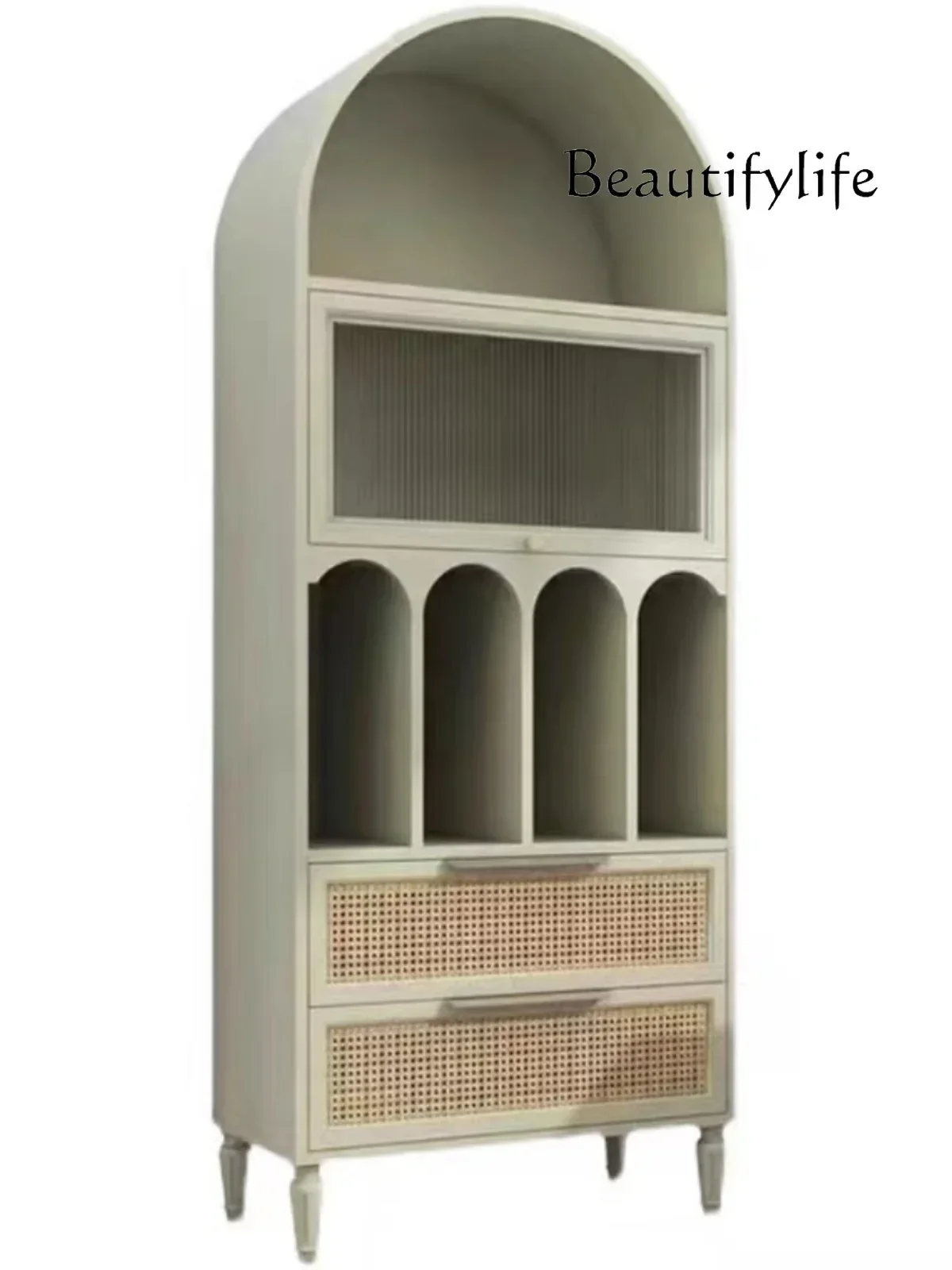 American solid wood bookcase Nordic light luxury floor bookshelf French retro arched decorative side cabinet