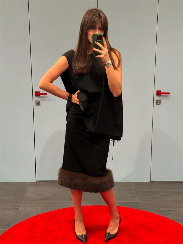 Tossy Elegant Female Fur Feather Maxi Skirt Outfits Luxury Loose Patchwork Fashion Cover up Top And Long Skirt Women's Sets New