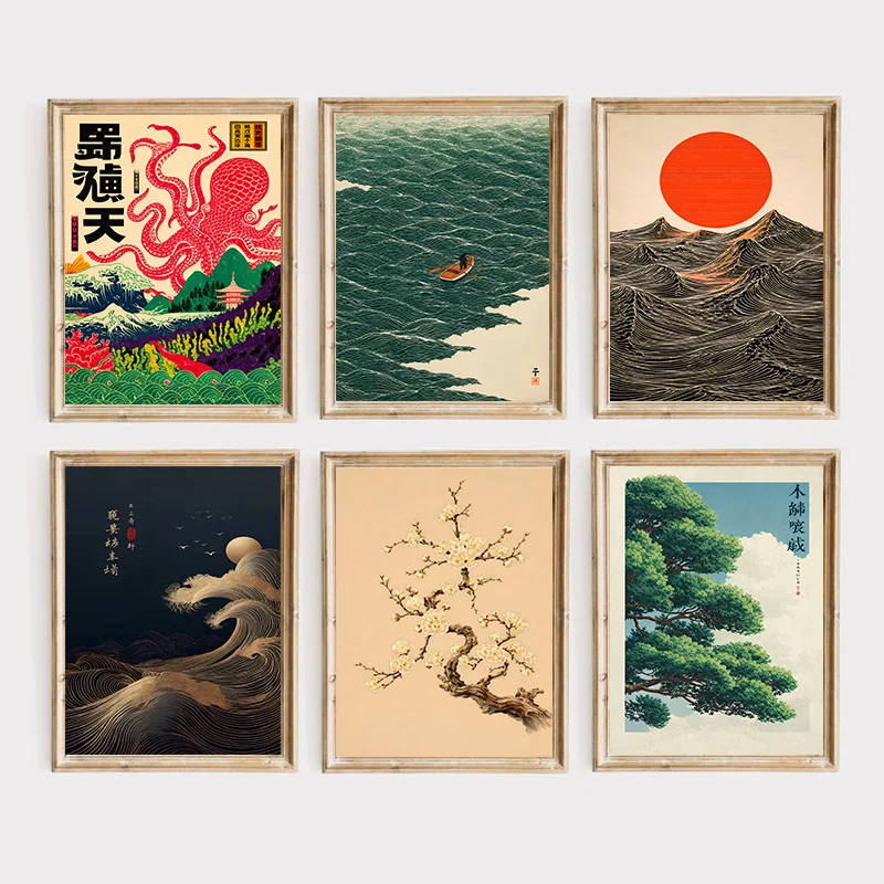 Retro Japanese Ukiyo-e Posters Wall Art Featuring Waves Flowers Birds Canvas Prints Painting Home Decor for Bedroom Living Room