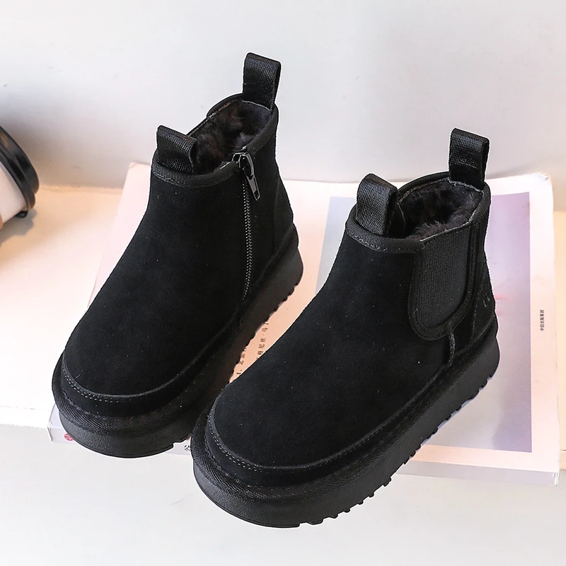 2024 Genuine Leather Fashion Snow Boots For Kids Boys,Solid Suede Thicker Plush Winter Shoes For Children Girls,Baby Warm Boots