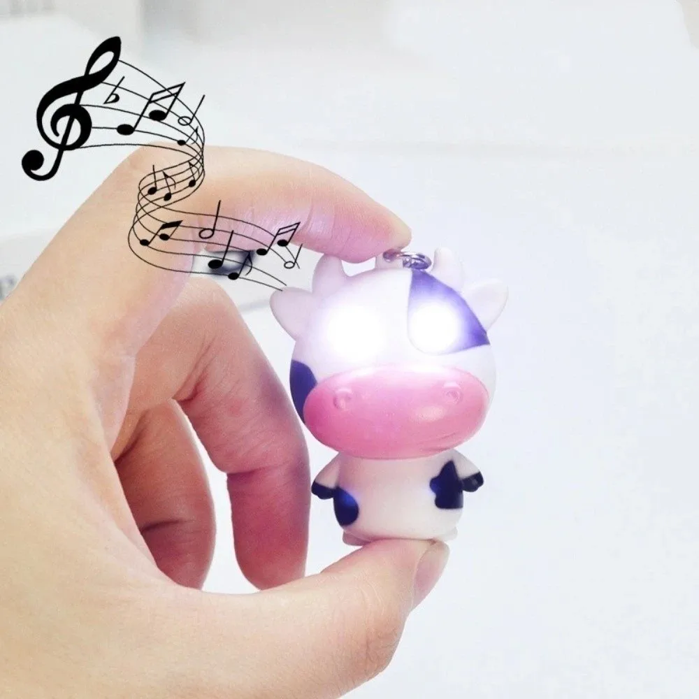 Cartoon Cow Sound Light Fidget Keychain Mini Glow Sound Feature Light Up Cow Key Ring Hanging Fidget Cow Bag Pendant