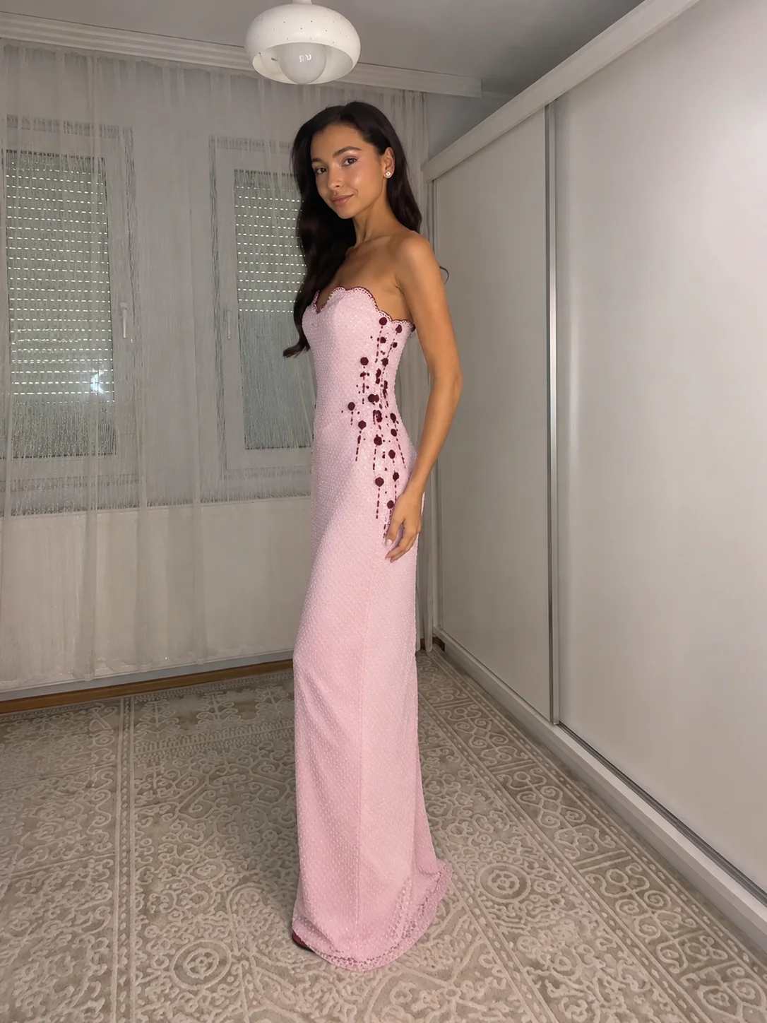 LumiGown Strapless Light Pink Sheath Evening Gown Scalloped Neckline Burgundy Applique Beaded Long Bridesmaid Dress Formal Party
