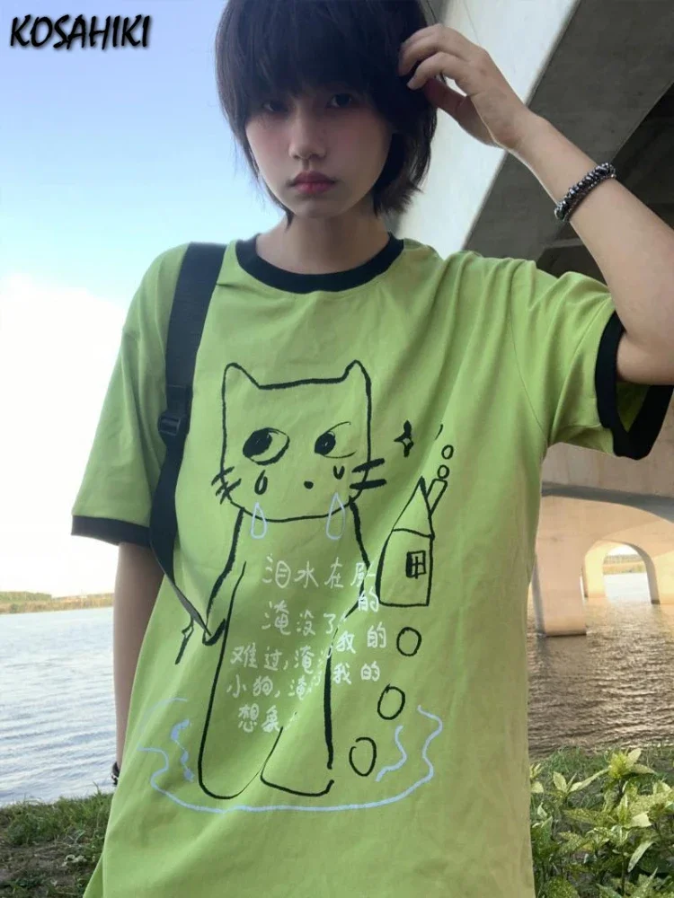 Y2k Aesthetics T-shirt Women Japanese Harajuku Grunge Cartoon Print Tops E-girl Fairycore Contrast Color Cute Graphic T Shirt