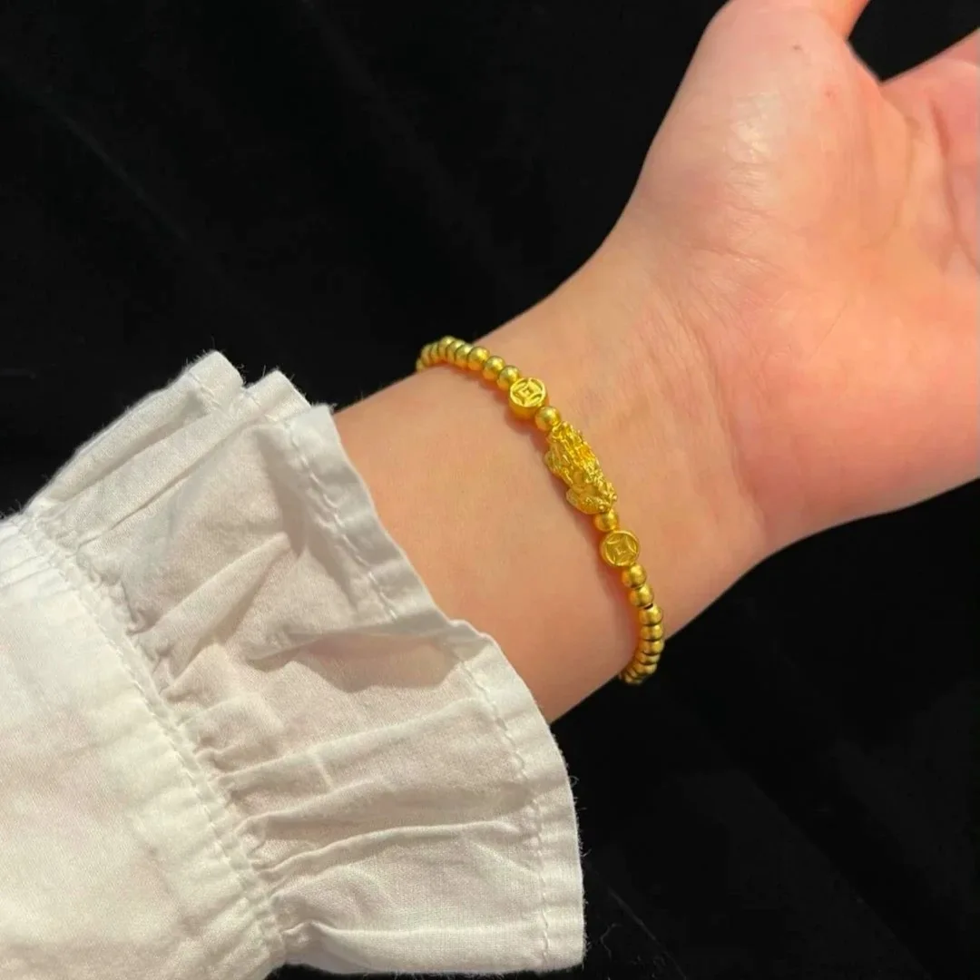 Women's 24K Gold Bracelet | 3D Pixiu clutching double - coins, cloud - engraved chain, solid gold, bold & eye - catching