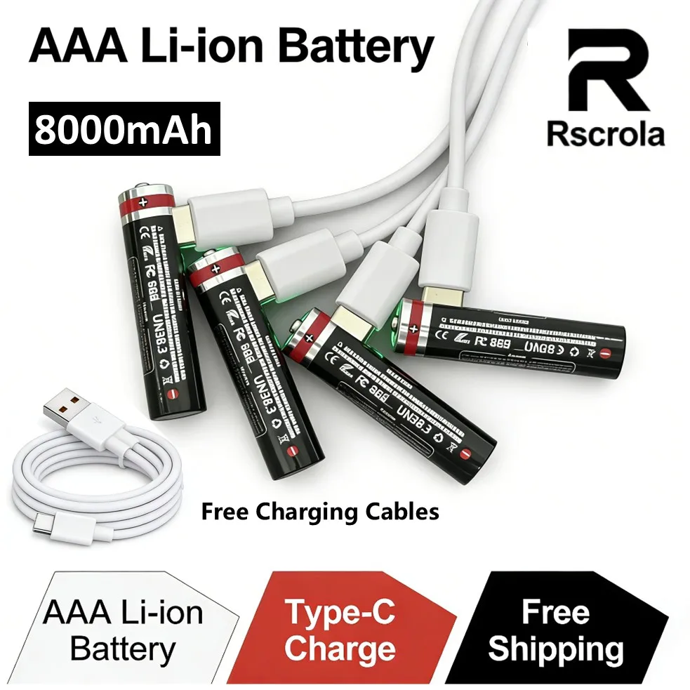Universal AAA Li-Ion Battery,Rechargeable 8000mAh 1.5v Battery, Long Lasting power for Camera,VR controller,Game Contorller,Toys