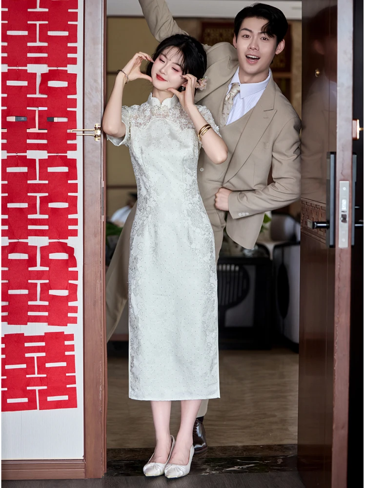 

White Improved New Chinese Sle Wedding Dr Daily Wearable Lace Engagement Suit Long Skirt Breathable Polyester