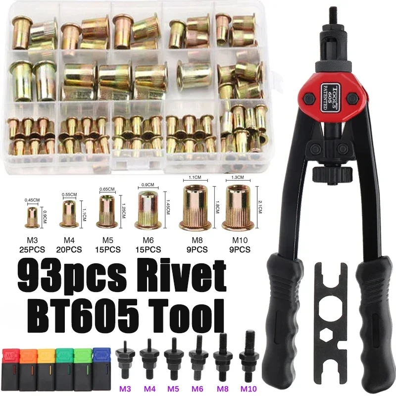 93pcs Rivet Nut Hand Threaded Rivet Nuts Gun BT605 M3 M4 M5 M6 M8 M10 Double Insert Manual Riveter Gun Riveting Rivnut Tool