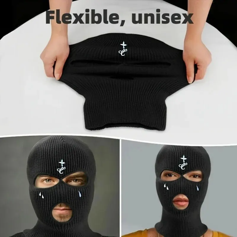 Cross Embroidery Ski Mask Winter Balaclava Hat 3-Hole Knitted Full Face Cover Neck Gaiter Warm Beanie for Outdoor Sport