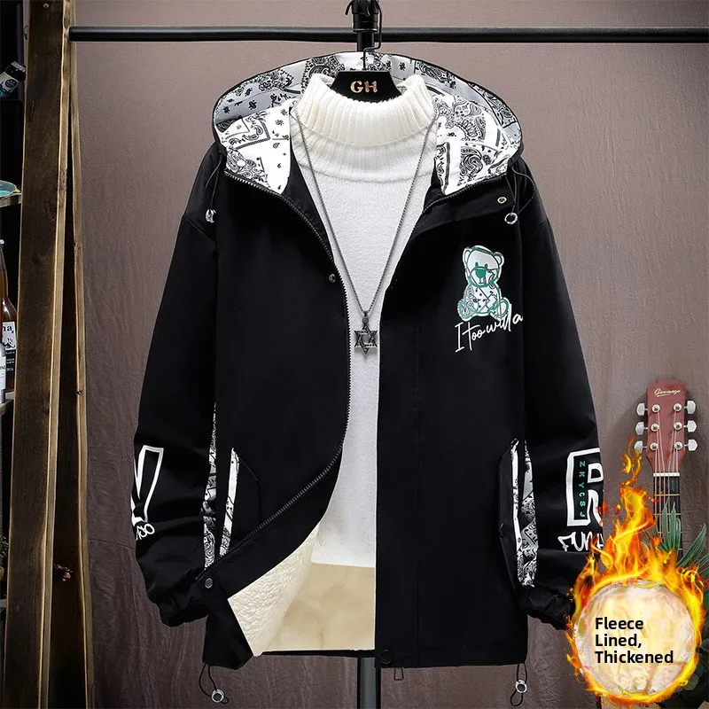 

Мужская утепленная куртка с капюшоном на флисовой подкладке, осенне-зимняя, новая модель, с принтом медведя, молодежная модная верхняя одежда