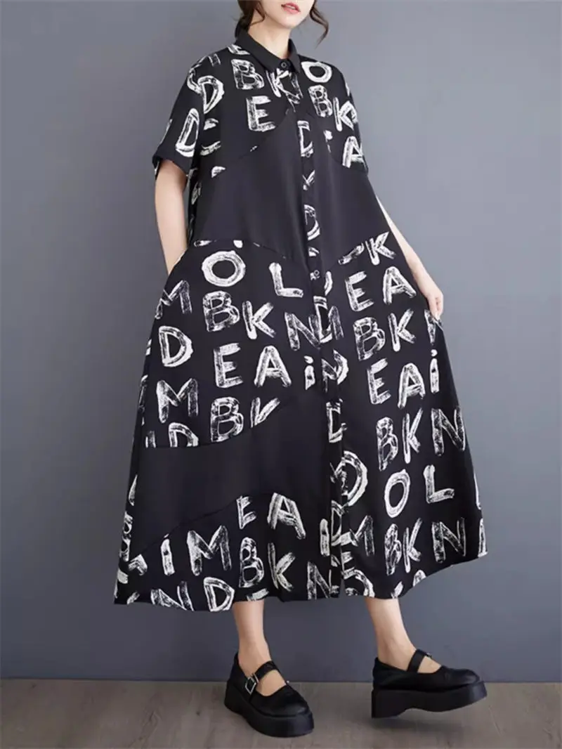 Vestido solto irregular de retalhos feminino, camisa estampada em letras, tamanho grande, roupa artística, roupa casual de verão, elegante, K996