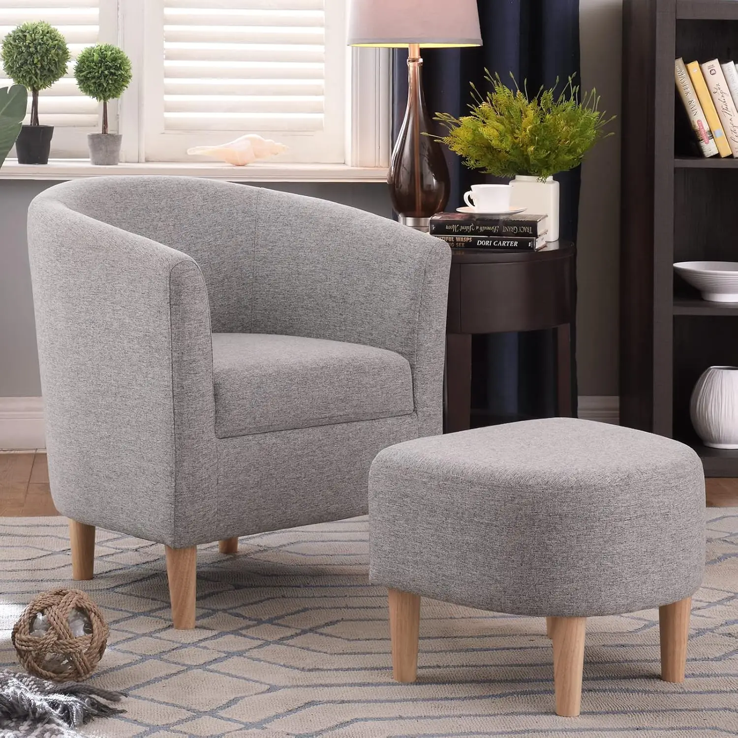 

Chair with Ottoman, Mid Century Modern Barrel Comfy Fabric Armchair and Footrest Set, Upholstered Club Tub Round Arms Chair