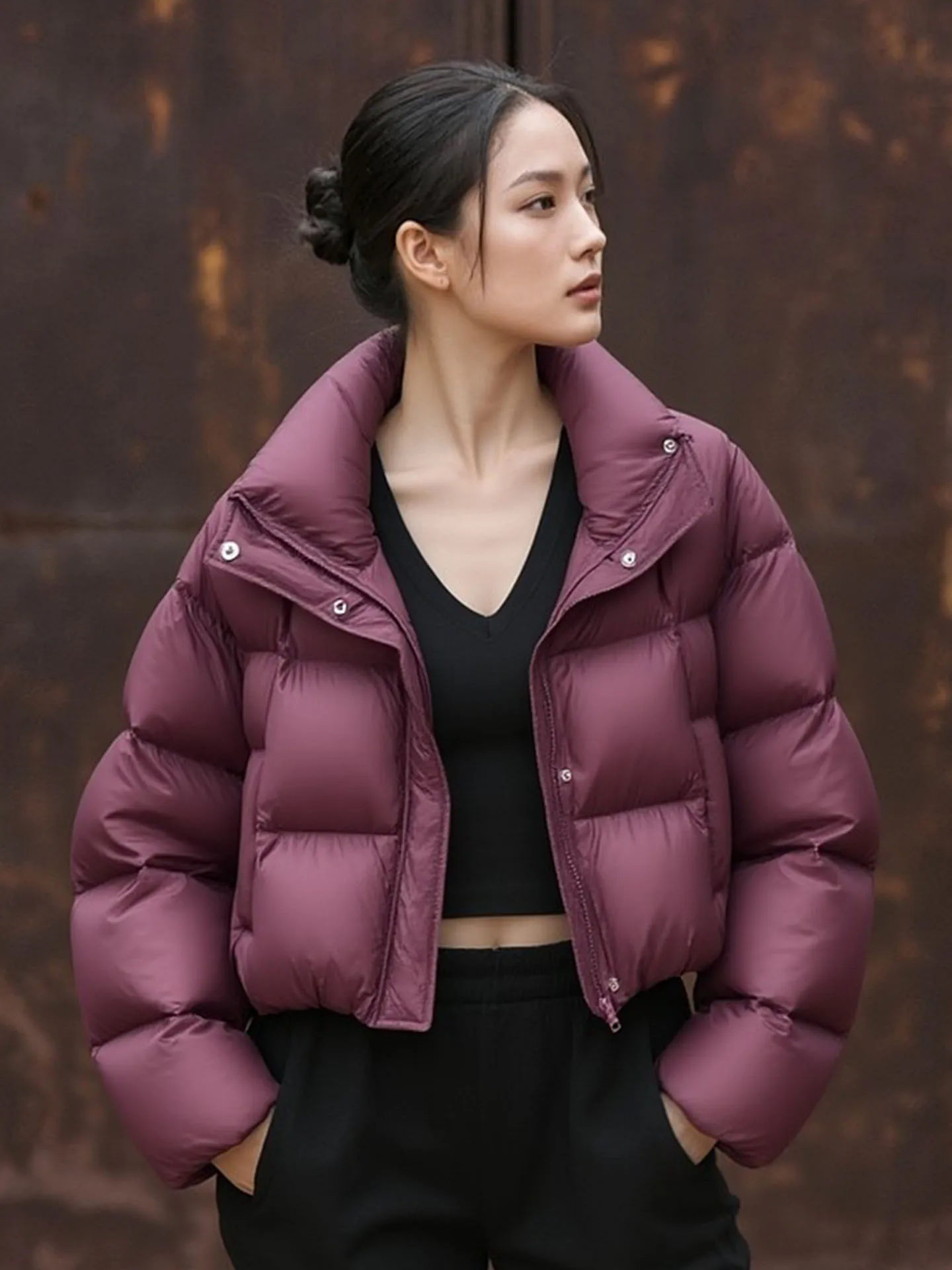 เสื้อโค้ทขนฟูสีแดงไวน์สำหรับผู้หญิง สไตล์เกาหลี แฟชั่นลำลอง เอวสูง แขนยาว อุ่นสบาย