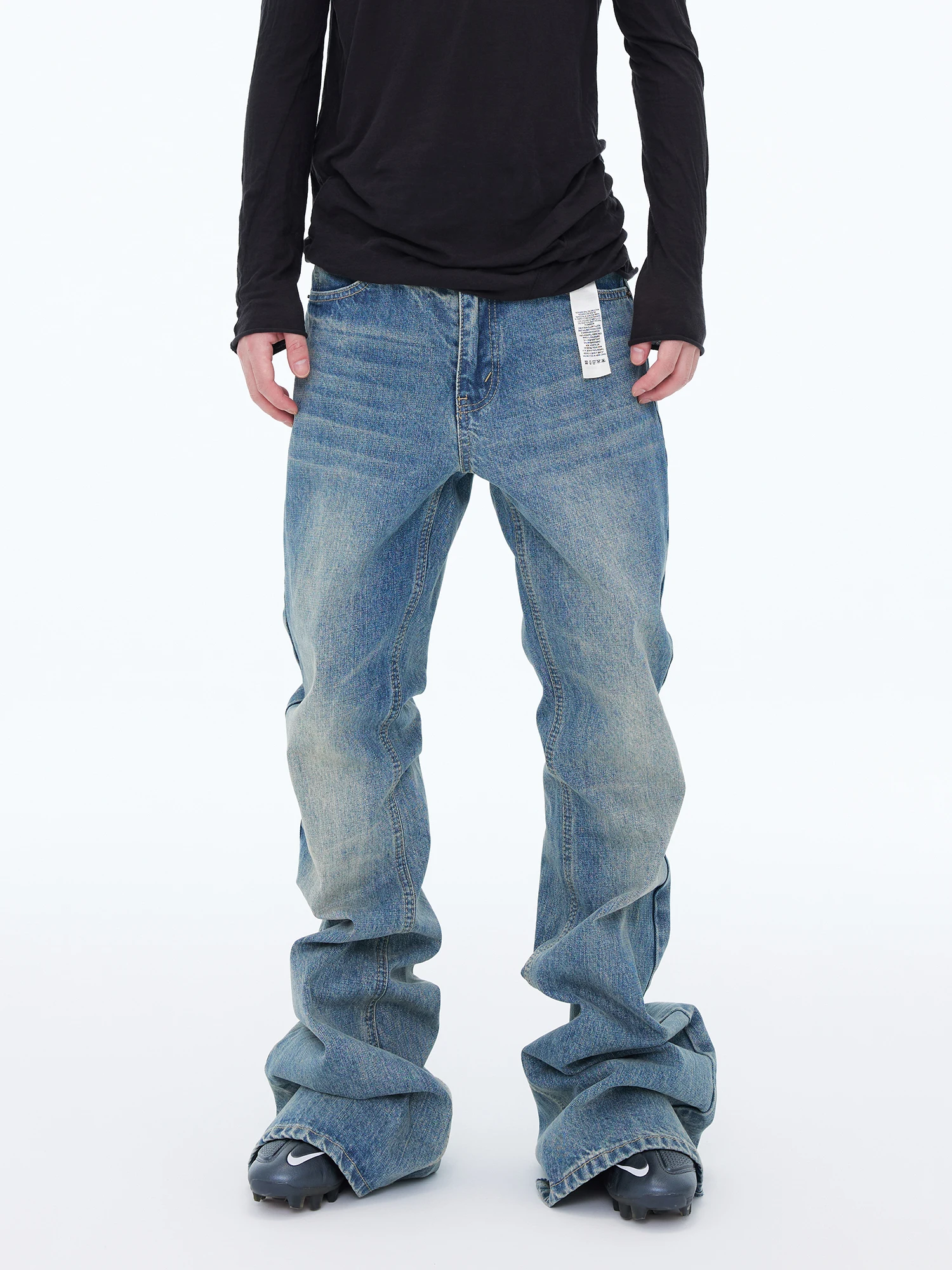

ASTT 25FW Hand Rubbed Faded Ice Blue Slim Fit Bell Bot Jeans Wear Resistant Casual Long Trousers for Men Youth And Teens
