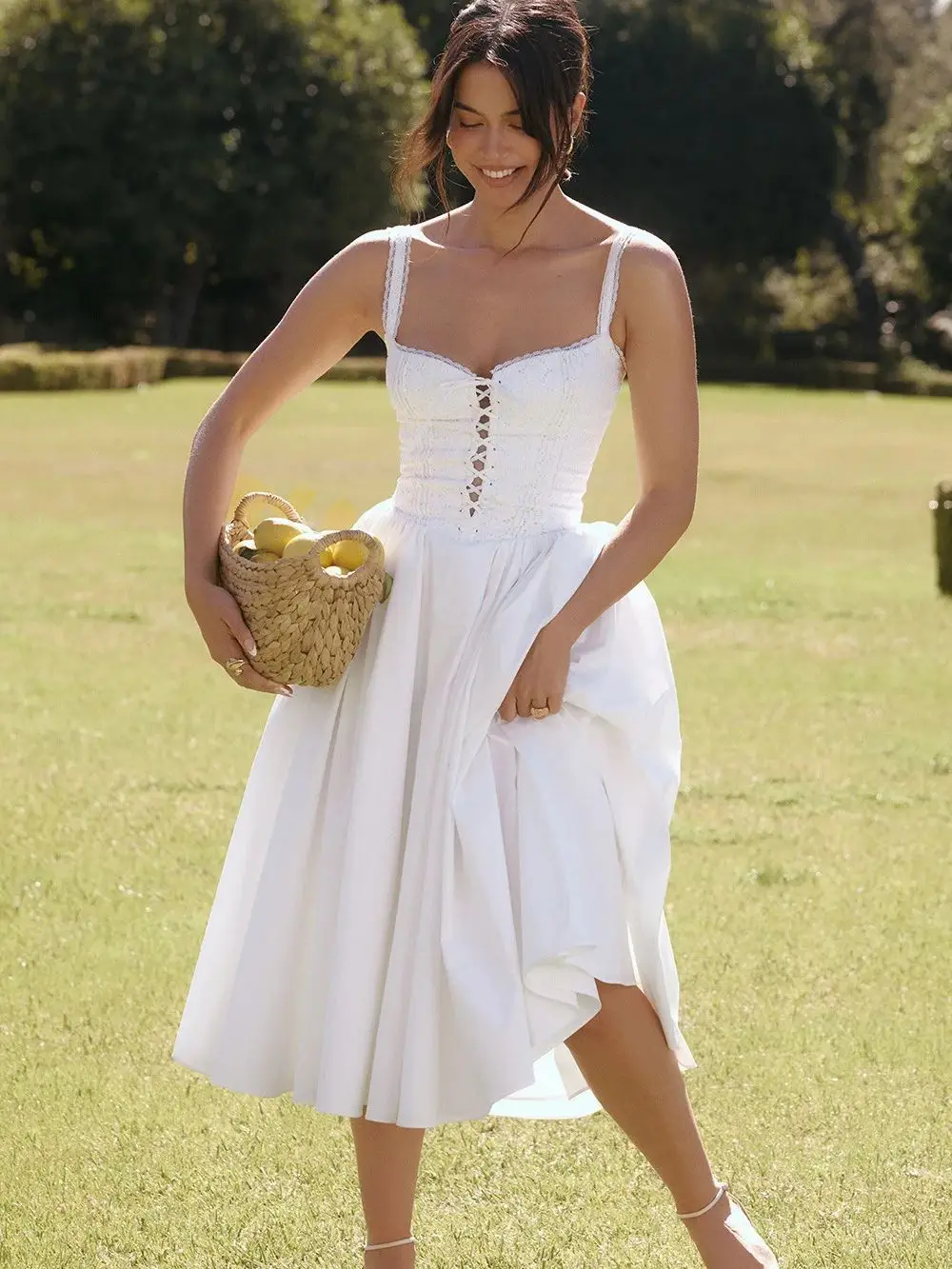 Ashgaily White Dress Women Halter Cotton Long Dress Lace Elegant Party Outfits Ladies Sexy Club Clothes