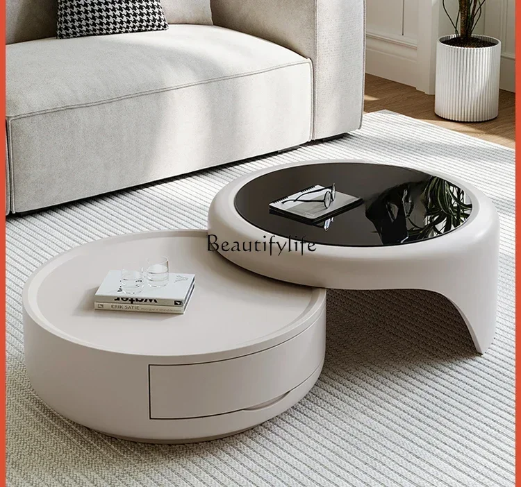 

Round coffee table modern simple tempered glass coffee table cream wind movable small apartment telescopic