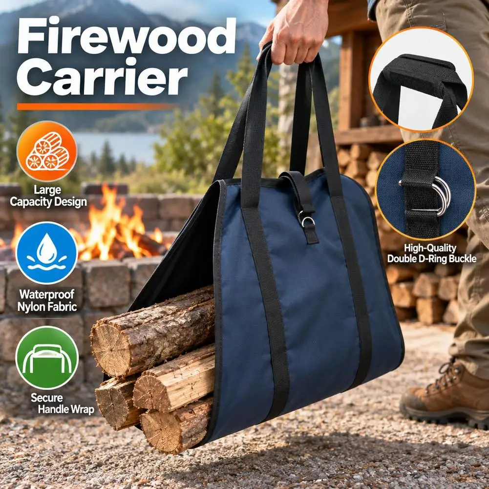 Firewood Log Carrier Bag Heavy Duty Oxford Cloth 30kg Load Capacity Timber Hauling Tote with Double D Ring Straps Padded Handle