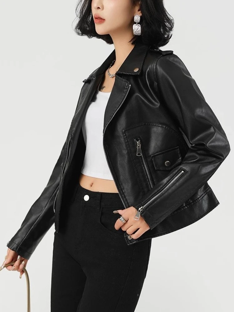 

New Spring Autumn Women Leather Solid Color Jacket Turn-down Collar Zip-up Zipper Rivet Decor Coat Long Sleeves Female Outerwear