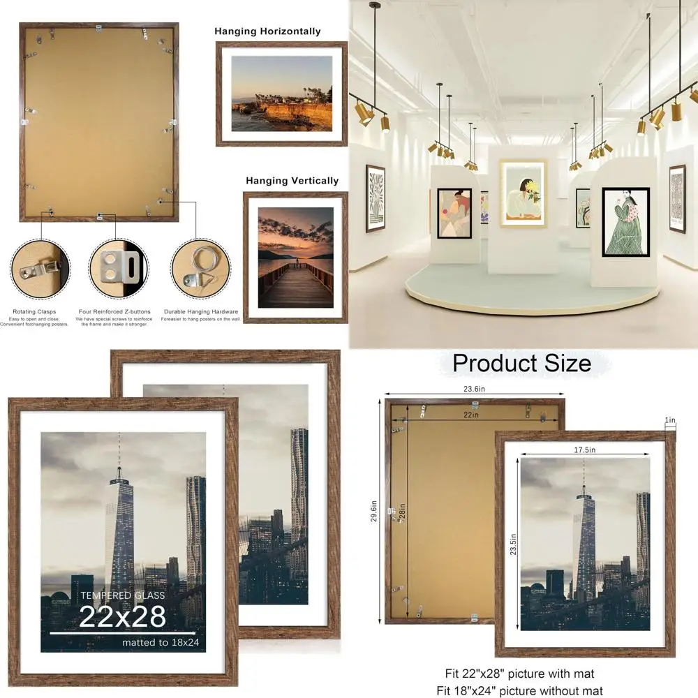 

Pair of 22x28 Wooden Picture Frames with Mat for 18x24 Art, Glass-Covered for Wall Hanging, Rustic Brown