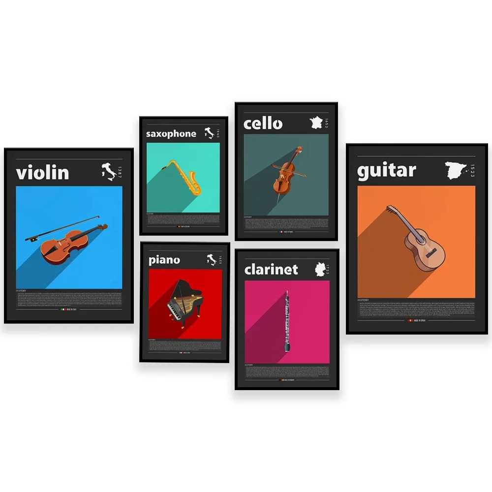 Violin, cello, trumpet, clarinet, drum, piano, saxophone, guitar musical instrument music poster housewarming gift
