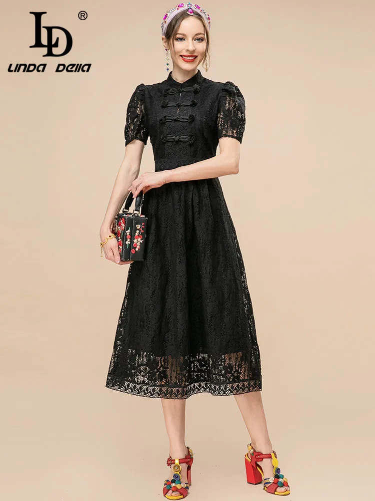 LD LINDA DELLA Runway Designer Summer Party Dress Women's Stand collar Short sleeve Hollow out High waist Black Party Dress