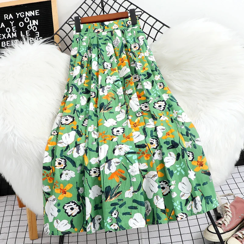 

Vintage Floral Print Long Skirts For Women Elastic High Waist Cotton Linen Skirts 2022 Spring Summer Elegant A Line Swing Skirts