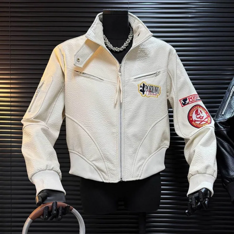 Japanese Style Embroidered Stand Collar PU Leather Jacket Men's Cool Trendy Racing Suit Unisex Motorcycle Short Coats Streetwear - view 3