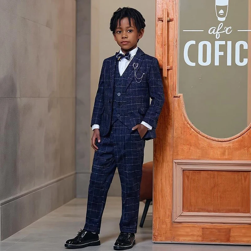 

Plaid Boys' Suit Set for Boys 3-16 Years 3 Pieces British Style Wedding Kids Tuxedo for Piano Performance Fashion Show Custom