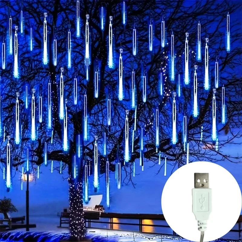 Luces LED USB de lluvia de meteoros, cadena de gotas de lluvia para calle de jardín, decoración navideña de Año Nuevo