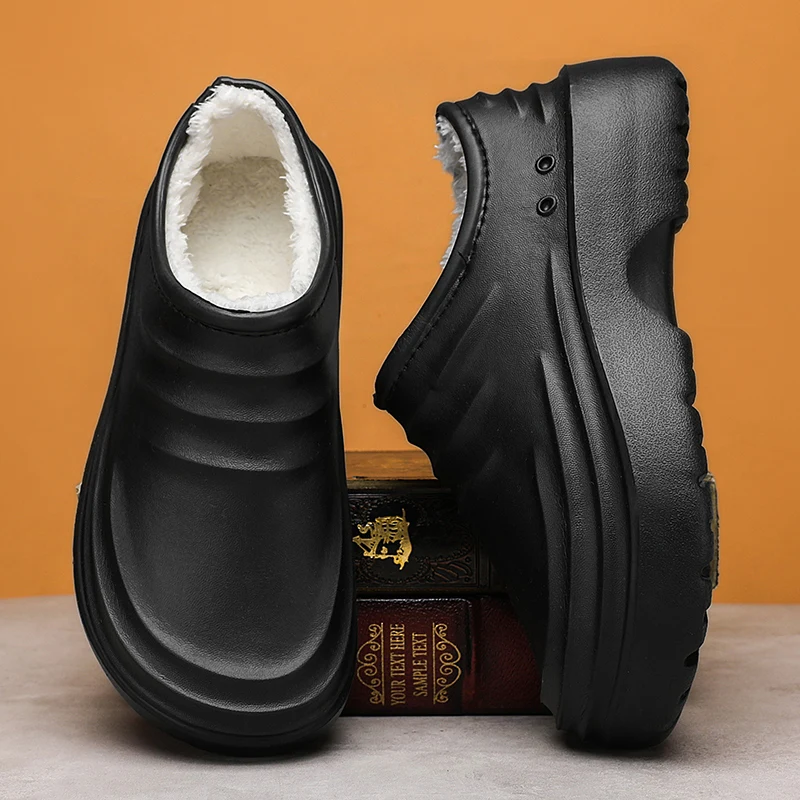 Thick Sole chef shoes Outside Men waterproof slippers men Winter Household Warm Fluffy Slippers Plush Cotton Shoes male