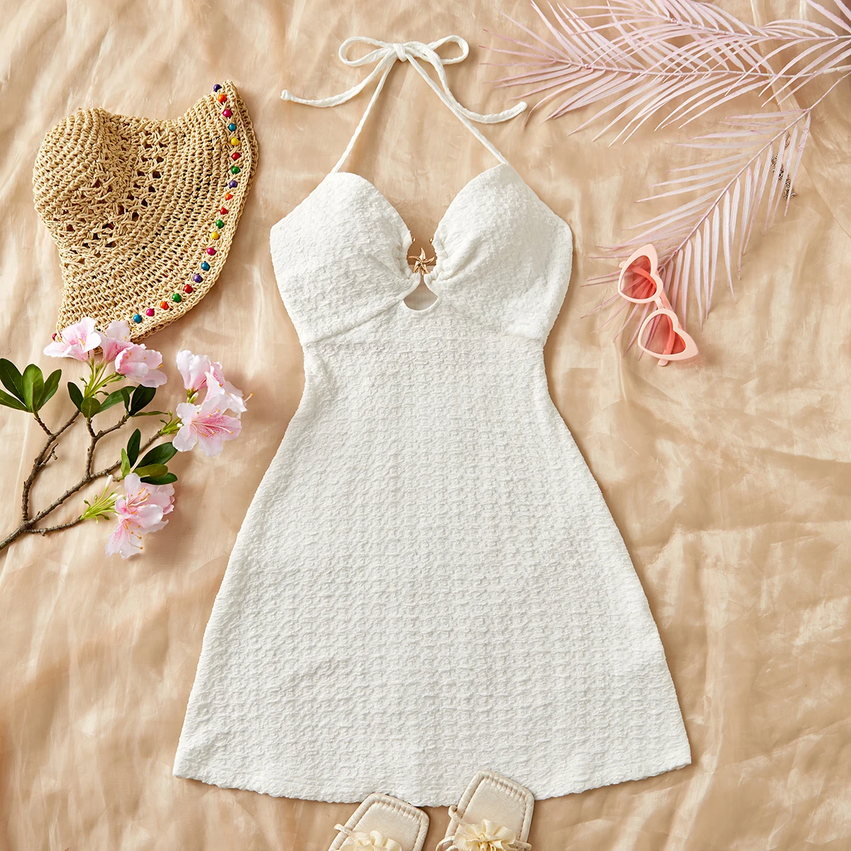 

Summer European and American vacation style camisole skirt sexy hanging neck mid skirt beach dress