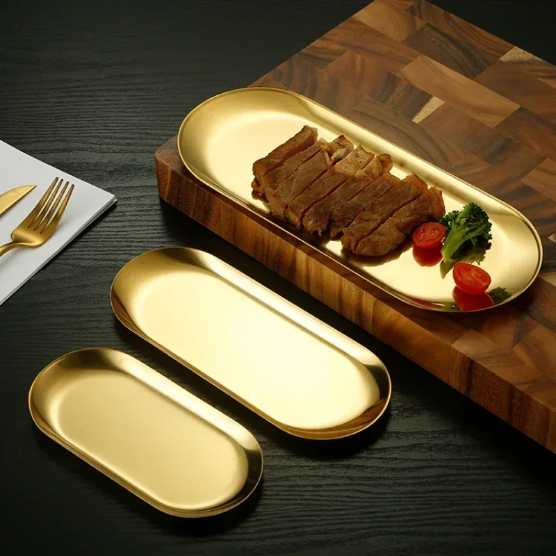 

Metal Tray Stainless Steel Plate Oval Cake Fruit Dessert Tray Western Steak Dish Rectangular Snack Plate Jewelry Storage Tray