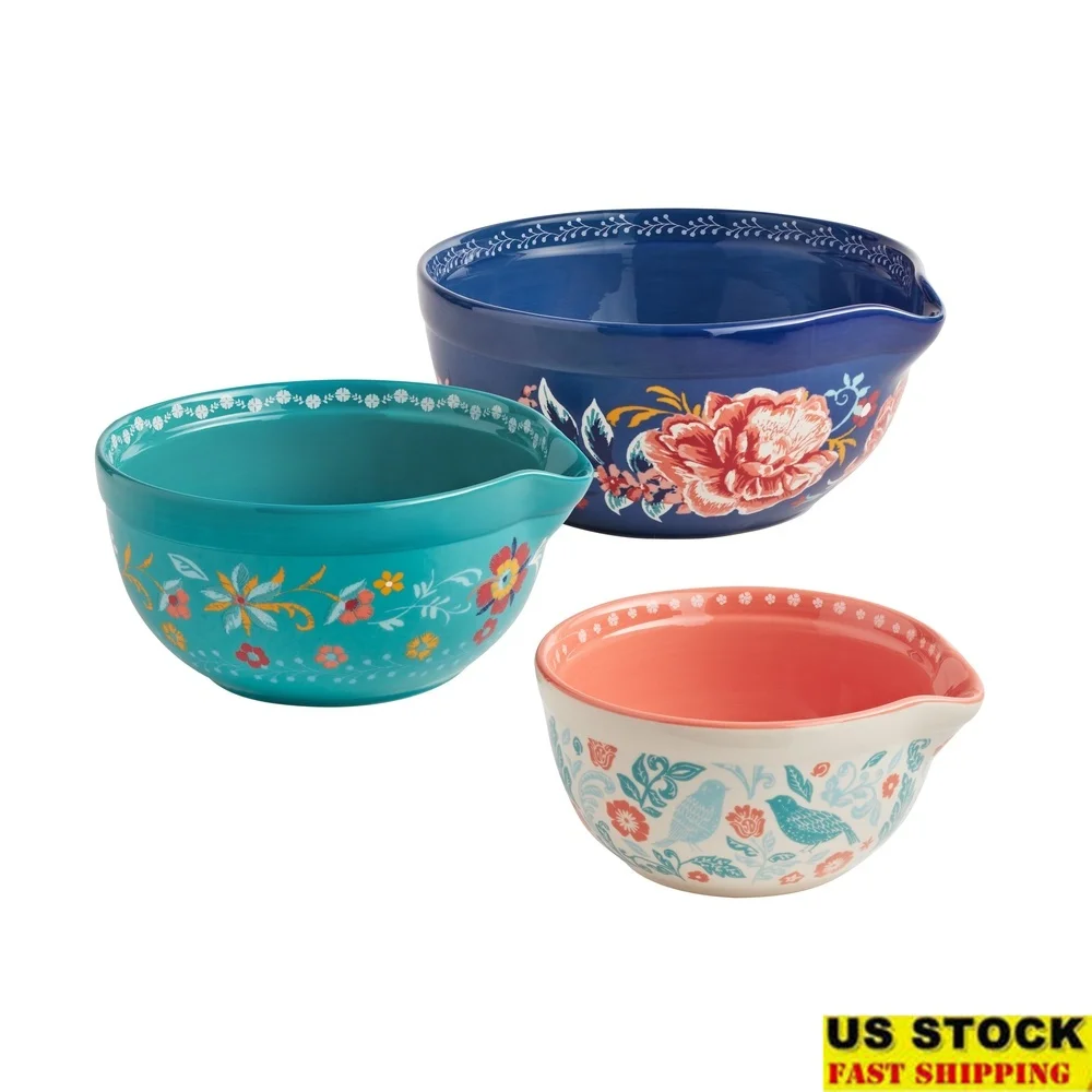 

Винтажный керамический набор мисок для смешивания, прочный керамогранит из 3 предметов с носиками, идеальная посуда для выпечки, мытье в посудомоечной машине, безопасное гнездо в микроволновой печи
