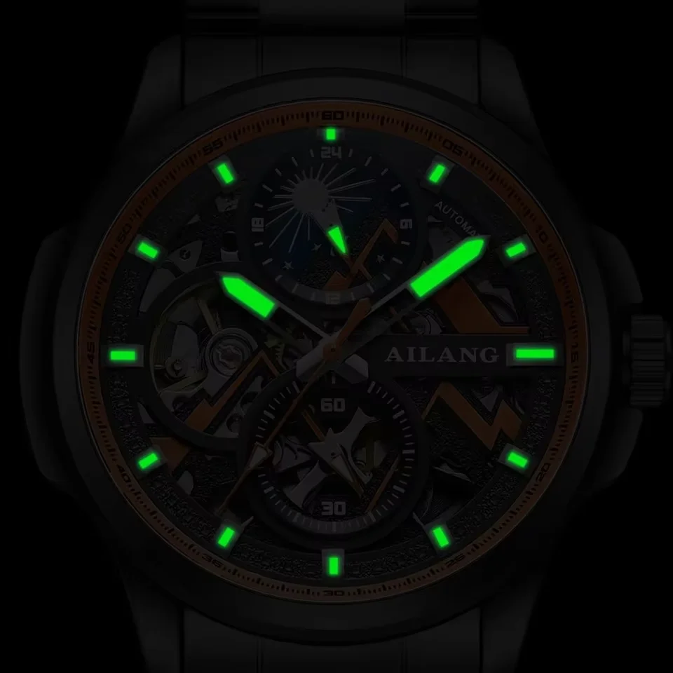 2026 Moon Phase AILANG Brand New Mechanical Watch Stainless Steel Waterproof Skeleton Automatic Watches Luxury Wristwatch