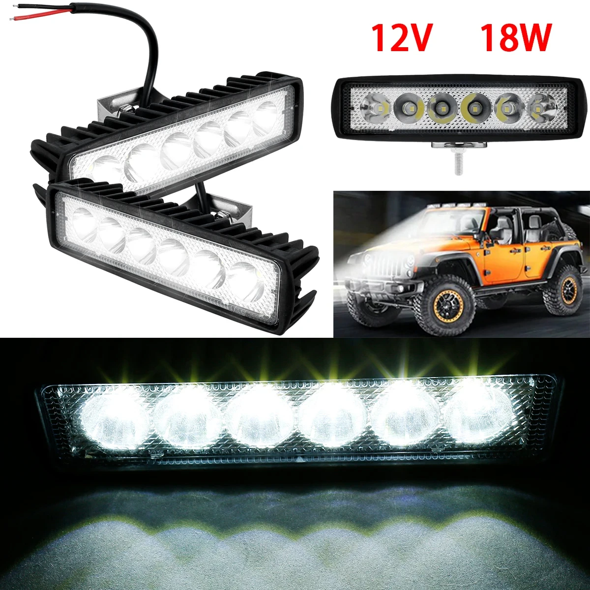 Car LED Light Bar 12V 18W 6000K Super Bright Work Light IP67 Waterproof Flood Spot White Off Road Head light Driving Light