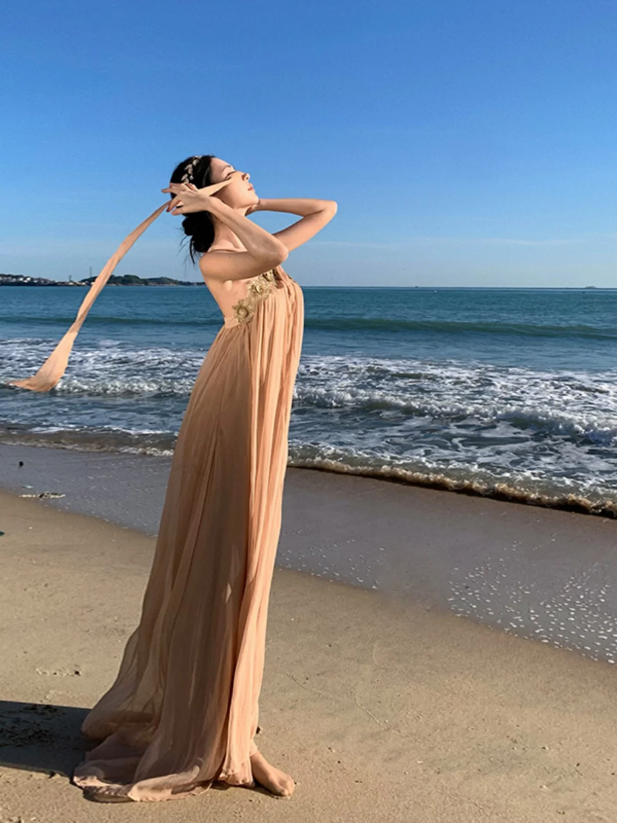 ボヘミアンシックなゆったりとしたロングビーチドレス、フェアリーTのようなスカート、夏のバケーションにぴったりのカジュアルで快適なポリエステルシフォンガウン