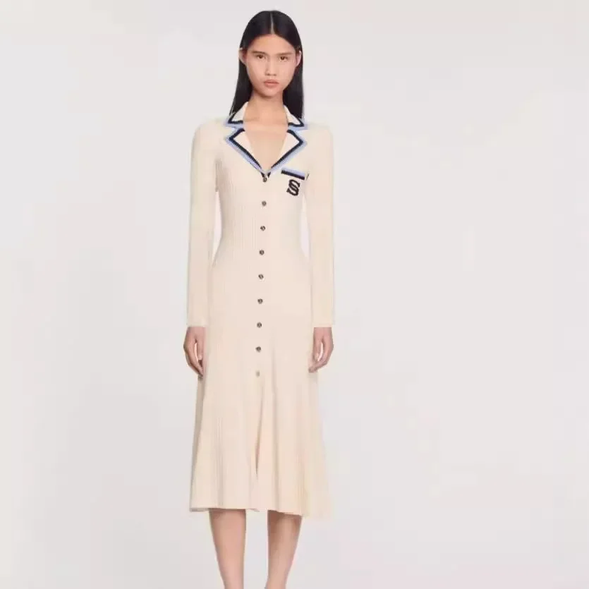 

Spring Autumn Women Medium-Length Tweed Style Dress Elegant Knit Sweater Dress Fashionable Explosion Model Foreign Trade Export