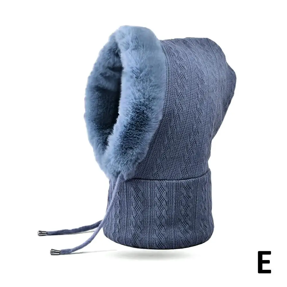 Drawstring Hooded Fleece Beanie Scarf Women's Cashmere Knit Hat with Thicken Scarf and Mask for Winter Warmth Windproof I3O7