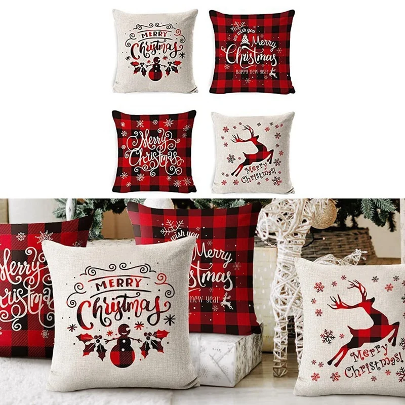 Fundas de almohada navideñas para decoración navideña, Juego de 4 Fundas de cojín blancas y rojas, 18X18 pulgadas