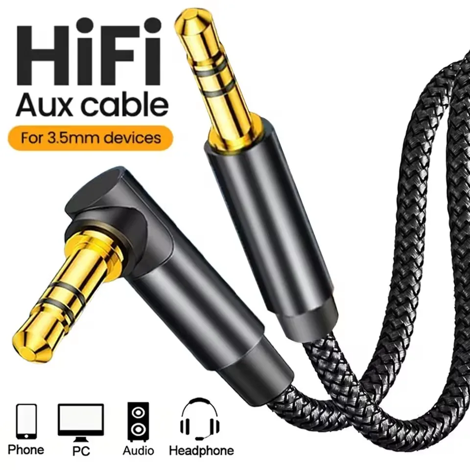 Kabel audio 3.5mm Jack z kątowym złączem 90 stopni, męski-męski, przewód Aux do głośników, adapter do Samsung Xiaomi MP4/3, wideo, samochodu, słuchawek.