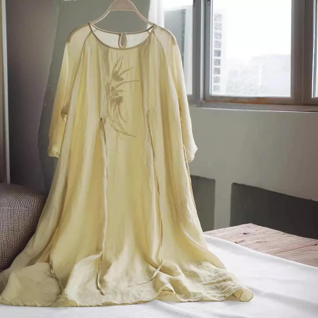 Novo verão feminino bordado artesanal de algodão Dr dupla camada com cintura solta artística Seven Sve Long D...