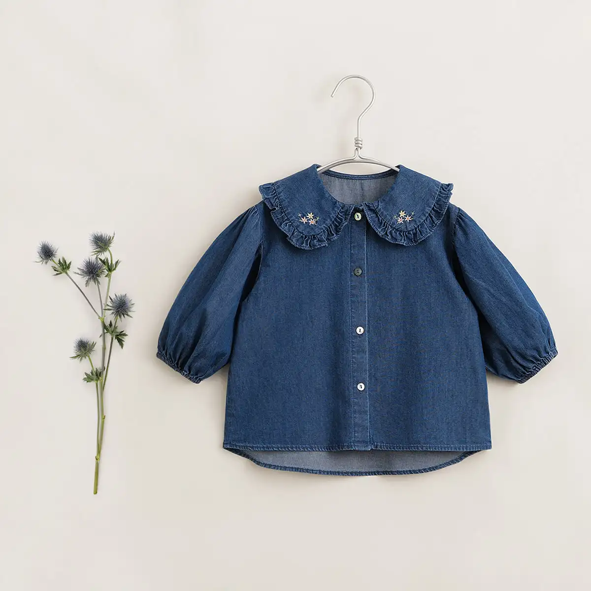 MARC&JANIE Girls Embroidered Doll Neck Denim Shirt Kids Tops for Spring French Series 240171