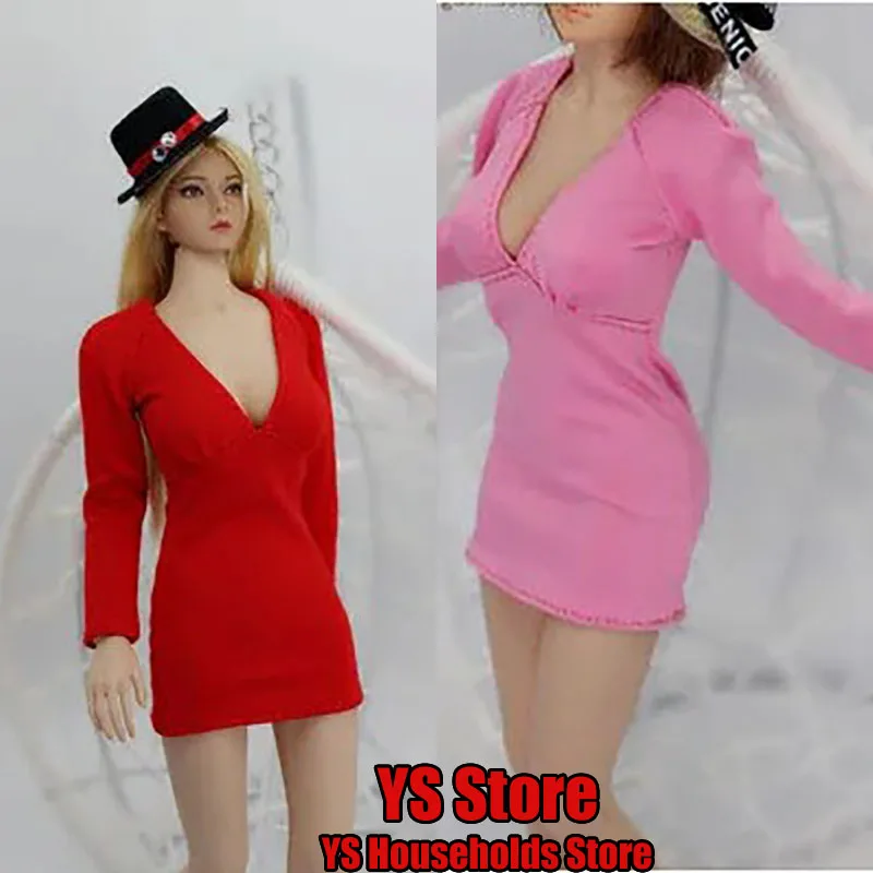 In Stock 1/6 Women Soldier Dress Slim Deep V Neck Red Long-Sleeved Tight Short Hip Wrap Skirt  For 12'' Girl Action Figure Body