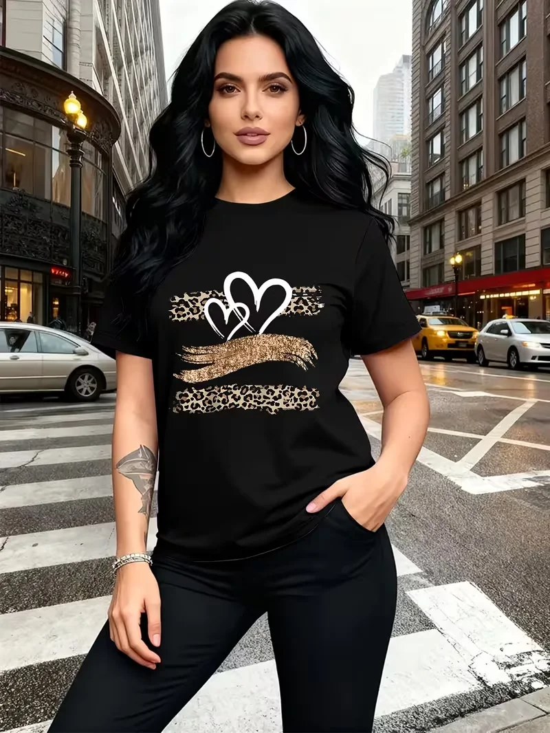 Pattern Print Fashionable Breathable T-shirt for Family Travel Daily Commutes, Matching Outfits for Sisters, Versatile T-shirt
