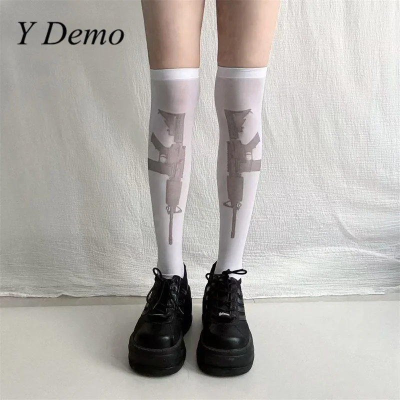 Y Demo Y2k Punk Pistol Pattern Printing Women Over-knee Stocking Stretchy Thin Socks