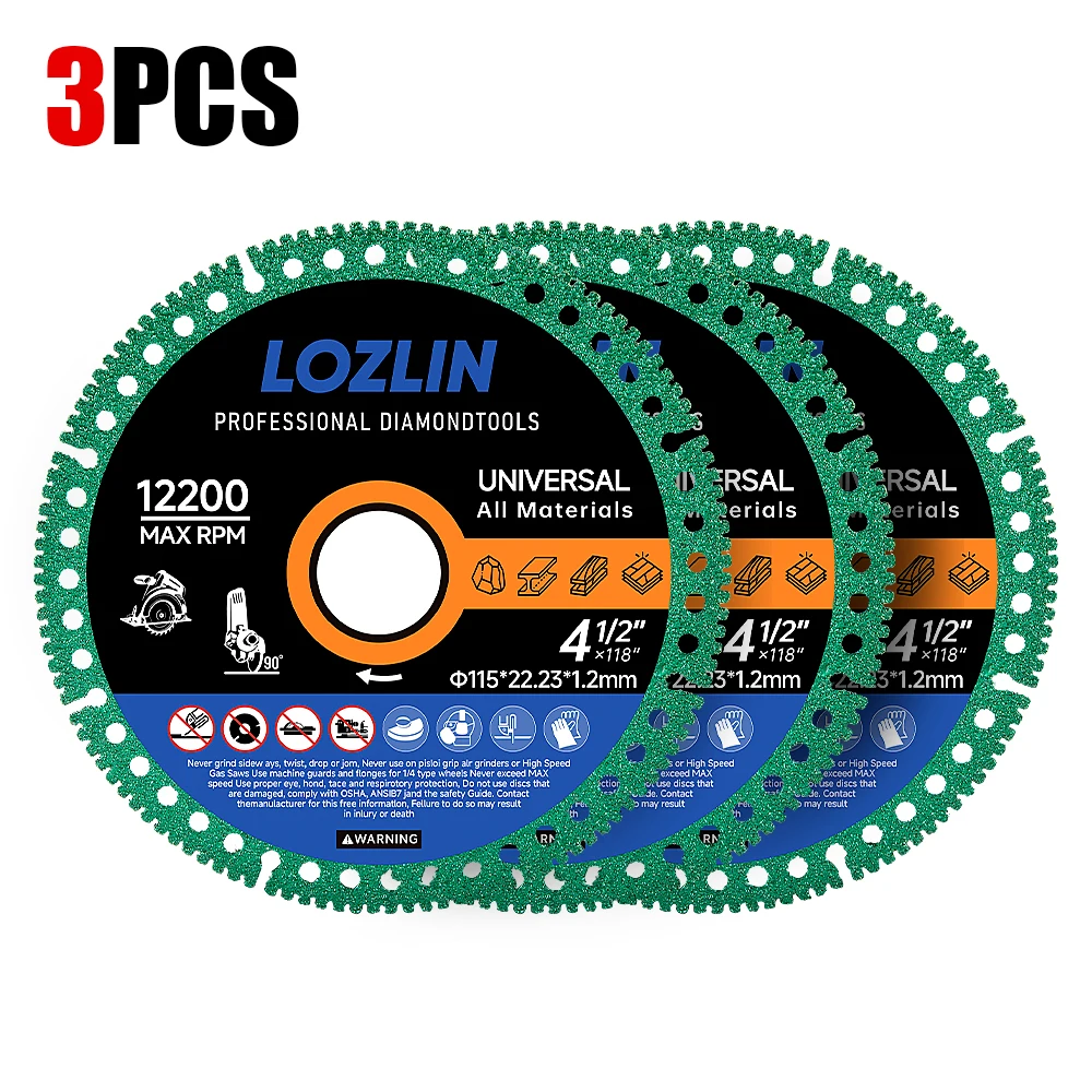 LOZLIN 4.5 Inch Composite Multifunctional Cutting Saw Blade 115mm Ultra-thin Diamond Saw Blade Ceramic Tile Glass Cutting Disc For Angle Grinder Tools Professional