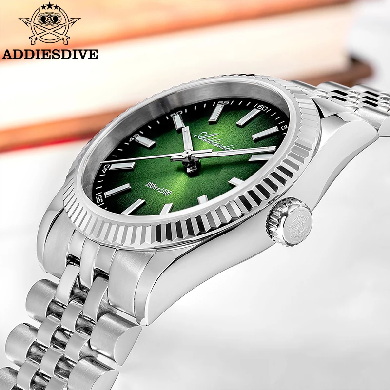 Addiesdive ساعة رجالي جديد الياقوت الزجاج المقاوم للصدأ VH31 ساعات كوارتز سامسونج 100 متر مقاوم للماء مضيئة ساعة فاخرة AD2073