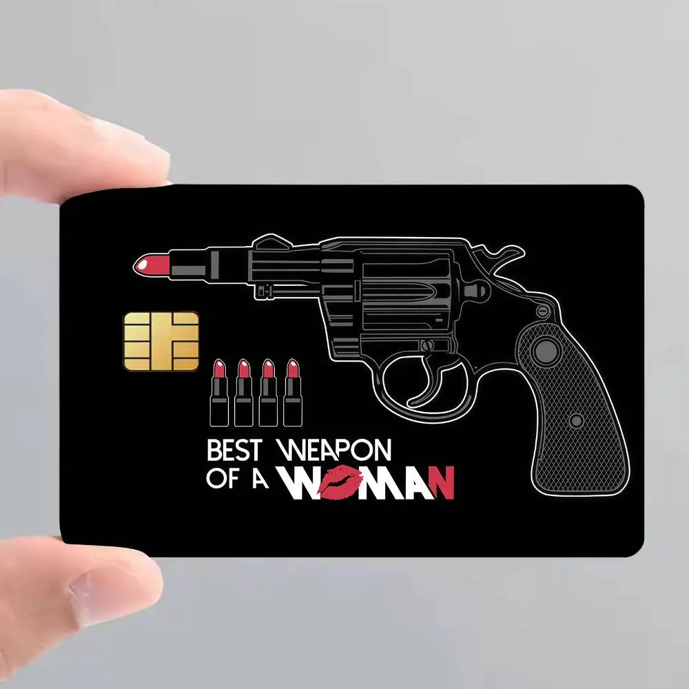 Girl Gun Lipstick Film Skin Cover Credit Card Stickers 4PCS Debit Front Decoration Bank Bus Pass Waterproof