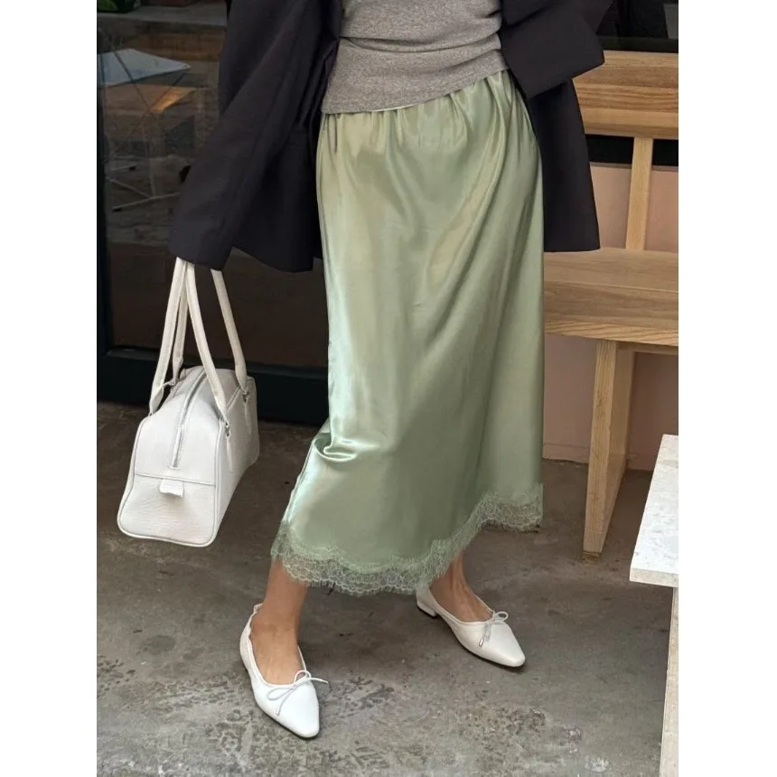 Fashionable Versatile Midi Skirt with Outerwear Short Skirt All-Match Style mid Waist A-Line Silhouette Silk-Like Fabric